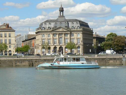 a boat in the water in front of a building at Logement vue Garonne in Bordeaux