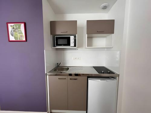 a small kitchen with a sink and a microwave at Les Orchidées - Campagne - 2pers - Rêve au Mans in Saint-Mars-sous-Ballon