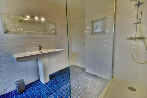 La salle de bains est pourvue d'un lavabo et d'une douche. dans l'établissement Le Forestier - Nature - 10p - Rêve au Mans, à Bonnétable