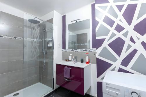 a bathroom with a shower and a sink and a mirror at Le Paradis Manceau - Centre - 6 pers - Rêve au Mans in Le Mans