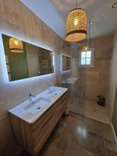 ein Badezimmer mit einem Waschbecken und einem großen Spiegel in der Unterkunft Le Phénix - Piscine chauffée - 7pers- Rêve au Mans in La Suze-sur-Sarthe
