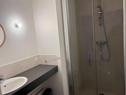 a bathroom with a shower and a sink at Les 24h du Mans - Campagne - 4pers - Rêve au Mans in Saint-Mars-sous-Ballon