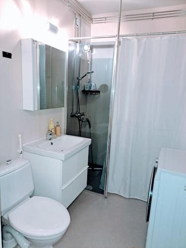 a white bathroom with a toilet and a shower at Spacious Northern City Apartment in Rovaniemi