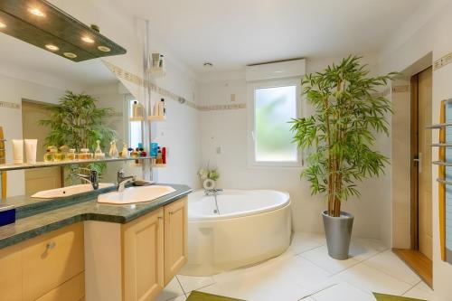 a bathroom with two sinks and a tub and a plant at Le Bois D'Ourné - Nature - Piscine - 7p - Rêve au Mans in Guécélard