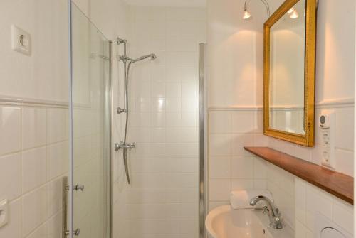 La salle de bains est pourvue d'une douche, d'un lavabo et d'un miroir. dans l'établissement Altes Komödienhaus - Schloss Gelting, à Gelting