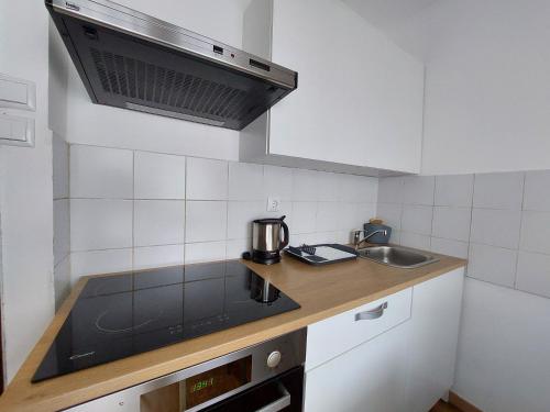 a small kitchen with a sink and a stove at M&M Apartment in Velika Gorica
