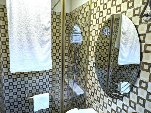 a bathroom with a shower and a mirror at Acquah Place Residences in Accra
