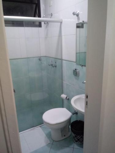 a bathroom with a shower and a toilet and a sink at Sokulski Park Hotel in Araucária