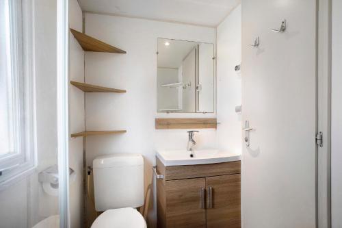 a bathroom with a toilet and a sink and a mirror at Bungalow T3 I I -15 Min From Nazaré in Pataias