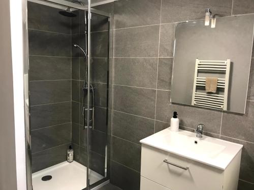 ein Bad mit einer Dusche, einem Waschbecken und einem Spiegel in der Unterkunft Superbe bas de villaIX in Aix-en-Provence