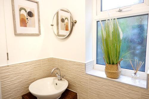 a bathroom with a sink and a window with a plant at 7 Persons Comfortable Guest House in Watford