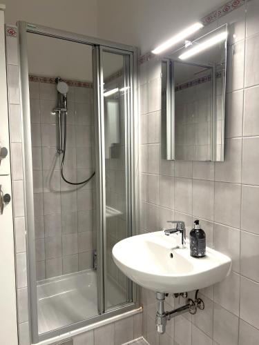 a white bathroom with a sink and a shower at Charming Apartment close to Vienna Central Station in Vienna