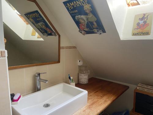 a bathroom with a sink and a mirror at Maison de campagne authentique et chaleureuse in Fougerolles