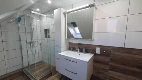 La salle de bains est pourvue d'un lavabo et d'une douche en verre. dans l'établissement Privatunterkunft in Celle, à Celle