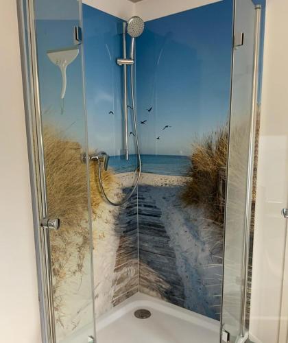 a shower with a glass door with a picture of a beach at Wohnung Utkiek - Alte Schule in Glowe