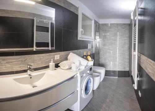 uma casa de banho com um lavatório e uma máquina de lavar roupa em casa Ciapin em Cipressa