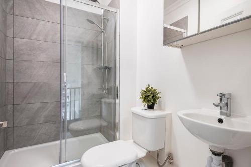 a bathroom with a shower and a toilet and a sink at Hyde Park Modern Apartments in London
