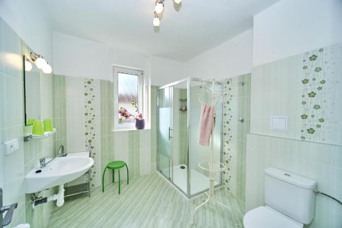 y baño con ducha, lavabo y aseo. en Villa Mayotte, en Mariánské Lázně
