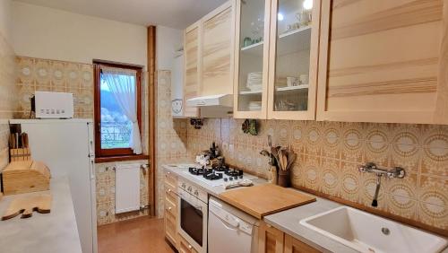 Una cocina con un refrigerador blanco y un fregadero. en Villino Fonte Fracassi, en Pescasseroli