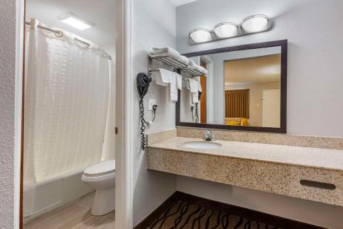 a bathroom with a sink and a toilet and a mirror at Rodeway Inn in Union