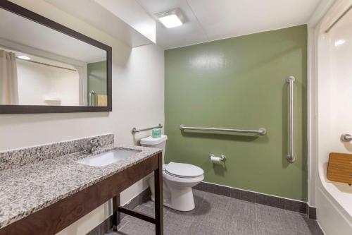La salle de bains est pourvue de toilettes, d'un lavabo et d'un miroir. dans l'établissement Sleep Inn, à Sumter