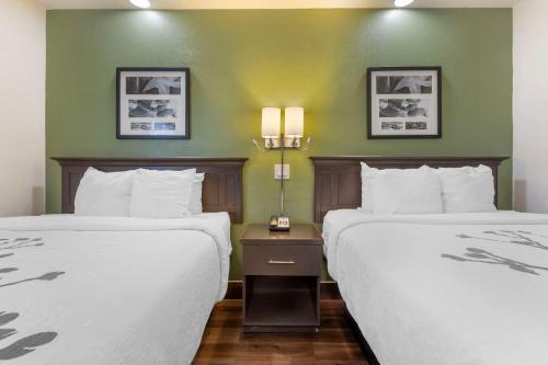 2 camas en una habitación de hotel con paredes verdes en Sleep Inn, en Sumter