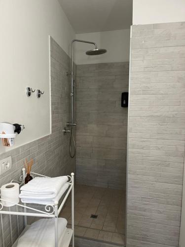 een badkamer met een douche en een glazen deur bij Seriana in Orio al Serio