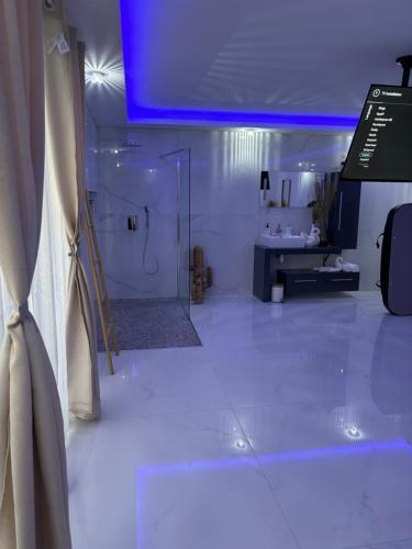 um quarto branco com um chuveiro e um lavatório em Chambres des délices em Villetelle