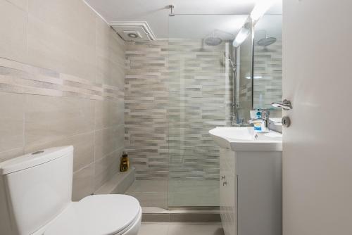ein Bad mit einem WC, einem Waschbecken und einer Dusche in der Unterkunft Ioannis Cozy Apartment 500 meters from Acropolis museum in Athen