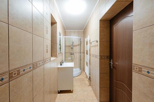 a bathroom with a toilet and a shower in it at Pensiunea Ioana in Poeni