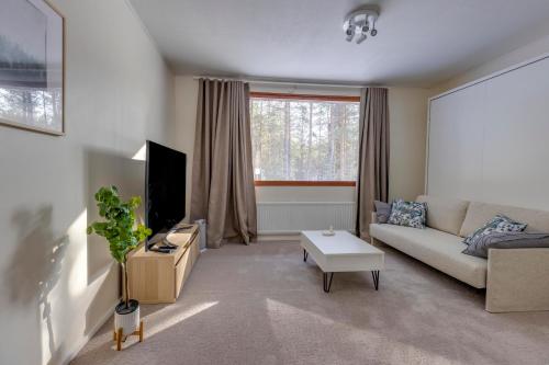 - un salon avec un canapé et une télévision dans l'établissement Holiday Apartment Usva Studio II, à Suomutunturi