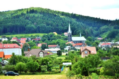 una pequeña ciudad con una iglesia en una colina en Apartament w Złotym Stoku Przystanek Las en Złoty Stok