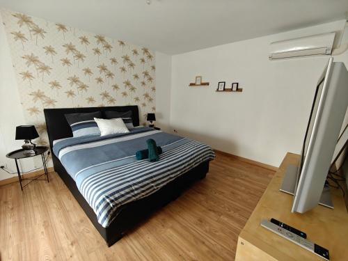 a bedroom with a bed with a tv in it at Chambre climatisée et cosy Auberge du manala Hôtel 24 24 in Saint-Louis