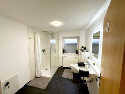ein Bad mit einer Dusche, einem WC und einem Waschbecken in der Unterkunft Nice Apartment in Einbeck - Vogelbeck in Einbeck