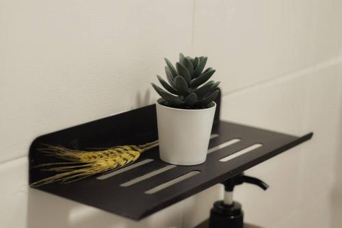 a plant sitting on a black shelf with a plant at KL Art Nouveau Suite, MRT, Free Parking, Self Check In in Petaling Jaya