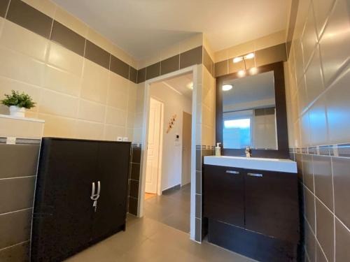 La salle de bains est pourvue d'un lavabo et d'un miroir. dans l'établissement Maïs Cottage, terrasse ensoleillée avec vue !, à Annecy