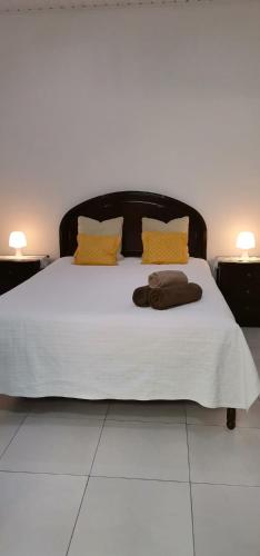 a white bed with two pillows on it with two lamps at Tiny House Funchal in Funchal
