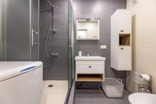 y baño con ducha y lavamanos. en Pušyno Apartment 1, en Klaipėda