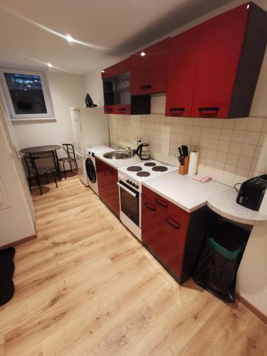 a kitchen with red cabinets and a counter top at Monteurzimmer / Apartment im Souterrain Berlin Neukölln in Berlin