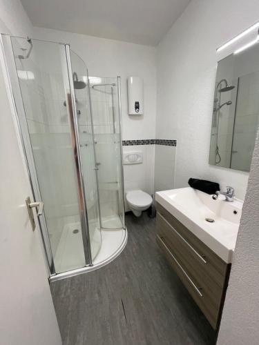 a bathroom with a shower and a sink and a toilet at Fewo Zentral in Willingen