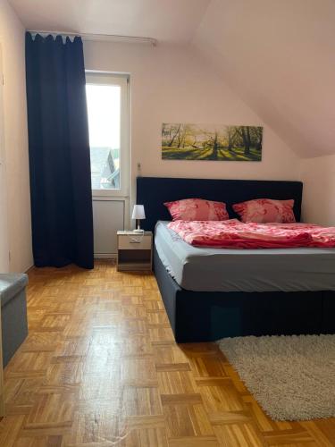Schlafzimmer mit einem Bett mit roten Kissen und einem Fenster in der Unterkunft Fewo Zentral in Willingen