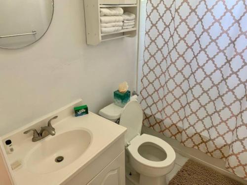 een badkamer met een wastafel, een toilet en een spiegel bij SUITE 1, Blue Pavilion - Beach, Airport Taxi, Concierge, Island Retro Chic in West Bay