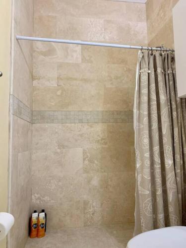 a shower with a shower curtain in a bathroom at SUITE 2A, BLUE PAVILION - Steps to BEACH in West Bay