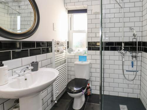 uma casa de banho com um WC, um lavatório e um chuveiro em Grace's Retreat em Darlington