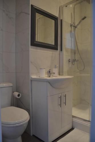 La salle de bains est pourvue de toilettes, d'un lavabo et d'une douche. dans l'établissement The Glenbuck Hotel Anfield, à Liverpool