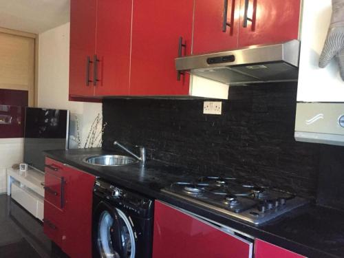 a kitchen with red cabinets and a washing machine at Napier Street in Newcastle upon Tyne