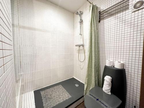 a small bathroom with a shower and a toilet at Urbano y refrescante estudio en sótano in Madrid