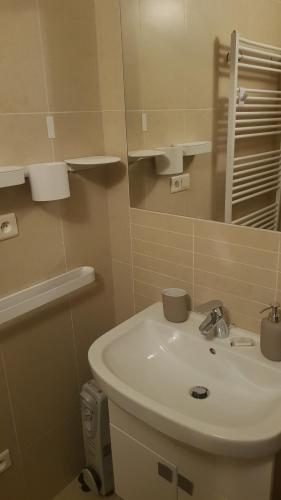 a bathroom with a white sink and a mirror at SKI Makov Apartmán 2L in Makov