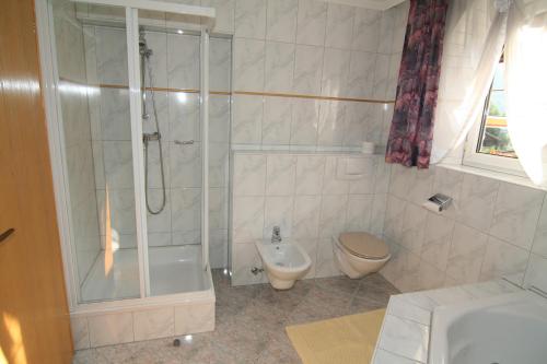 uma casa de banho com um chuveiro, um WC e um lavatório. em Apartment Erhart em Oetz