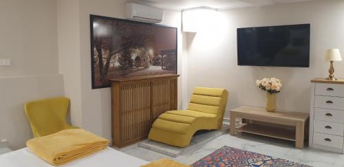 a living room with a yellow chair and a tv at MINI POOL ROOMS - ULTRACENTRAL - piscina cu hidromasaj in Oradea